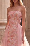 Pink A-Line Embroidery Sequins Strapless Long Prom Dress with Tulle Draping