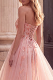 Pink A-Line Embroidery Sequins Strapless Long Prom Dress with Tulle Draping