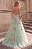 Light Green Sequins Floral A-Line Tulle Strapless Long Prom Dress