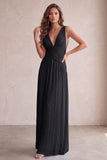 Black A-Line V-Neck Pleated Long Wedding Guest Dress
