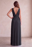 Black A-Line V-Neck Pleated Long Wedding Guest Dress