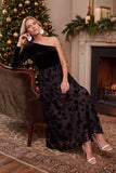 Black Velvet A-Line One Shoulder Floral Midi Holiday Party Dress