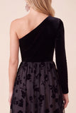 Black Velvet A-Line One Shoulder Floral Midi Holiday Party Dress