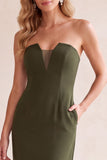 Black Sheath V-Neck Strapless Mesh Midi Wedding Guest Dress with Pockets