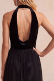 Black A-Line Velvet Halter Pleated Midi Holiday Party Dress with Pockets
