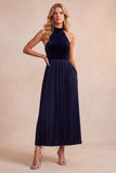 Black A-Line Velvet Halter Pleated Midi Holiday Party Dress with Pockets