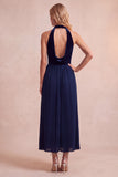 Black A-Line Velvet Halter Pleated Midi Holiday Party Dress with Pockets