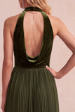 Black A-Line Velvet Halter Pleated Midi Holiday Party Dress with Pockets