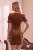 Dark Green Velvet Bodycon V-Neck Puff Short Sleeves Short Holiday Party Dress with Bow