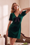 Dark Green Velvet Bodycon V-Neck Puff Short Sleeves Short Holiday Party Dress with Bow
