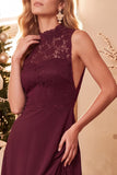 Burgundy A-Line High Neck Lace Chiffon Long Wedding Guest Dress