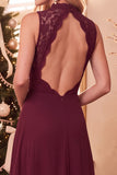 Burgundy A-Line High Neck Lace Chiffon Long Wedding Guest Dress
