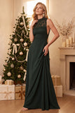 Burgundy A-Line High Neck Lace Chiffon Long Wedding Guest Dress