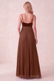 Coffee A-Line Sweetheart Pleated Maxi Dress with Pockets
