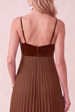 Coffee A-Line Sweetheart Pleated Maxi Dress with Pockets