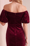 Burgundy Velvet Bodycon Off the Shoulder Puff Sleeves Short Holiday Party Dress with Bow
