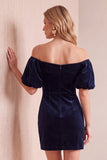 Burgundy Velvet Bodycon Off the Shoulder Puff Sleeves Short Holiday Party Dress with Bow