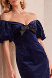 Burgundy Velvet Bodycon Off the Shoulder Puff Sleeves Short Holiday Party Dress with Bow