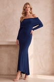 Dark Blue Mermaid Off the Shoulder Ruched Long Sleeves Long Wedding Guest Dress
