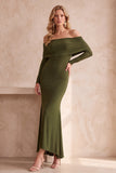 Dark Blue Mermaid Off the Shoulder Ruched Long Sleeves Long Wedding Guest Dress