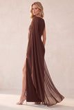 Coffee Sheath Chiffon One Shoulder Long Wedding Guest Dress with Cape