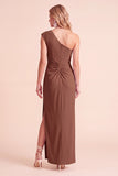 Coffee Sheath One Shoulder Ruched Maxi Wedding Guest Dress with Slit