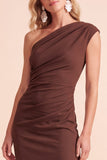 Coffee Sheath One Shoulder Ruched Maxi Wedding Guest Dress with Slit