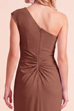 Coffee Sheath One Shoulder Ruched Maxi Wedding Guest Dress with Slit