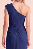 Coffee Sheath One Shoulder Ruched Maxi Wedding Guest Dress with Slit