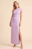 Coffee Sheath One Shoulder Ruched Maxi Wedding Guest Dress with Slit