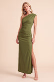 Coffee Sheath One Shoulder Ruched Maxi Wedding Guest Dress with Slit