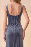 Burgundy Corset Velvet Sheath Square Neck Ruched Long Holiday Party Dress with Pockets