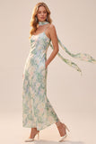 Light Green Printed Sheath Spaghetti Straps Long Wedding Guest Dress with Pockets