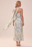 Light Green Printed Sheath Spaghetti Straps Long Wedding Guest Dress with Pockets