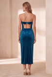 Burgundy Velvet Bodycon Cut Out Strapless Midi Holiday Party Dress with Bow