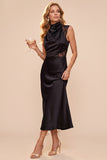 Coffee Sheath Cowl Neck Sleeveless Midi Dress with Lace