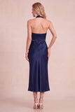 Burgundy Sheath Cowl Halter Satin Midi Wedding Guest Dress with Lace Cut Out