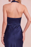 Burgundy Sheath Cowl Halter Satin Midi Wedding Guest Dress with Lace Cut Out