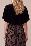 Black A-Line Velvet Round Neck Printed Midi Holiday Party Dress with Capelet