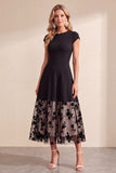 Black A-Line Round Neck Floral Tulle Midi Wedding Guest Dress
