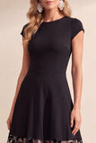 Black A-Line Round Neck Floral Tulle Midi Wedding Guest Dress