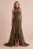 Olive Mermaid High Neck Lace High-Low Ruffled Wedding Guest Dress