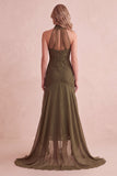 Olive Mermaid High Neck Lace High-Low Ruffled Wedding Guest Dress