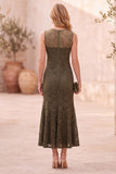 Dark Blue Mermaid Lace Round Neck Sleeveless Midi Wedding Guest Dress with Pockets