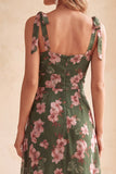 Green A-Line Square Neck Floral Printed Midi Wedding Guest Dress with Slit