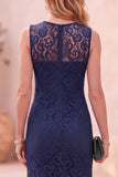 Dark Blue Mermaid Round Neck Ruffled Midi Wedding Guest Dress with Lace