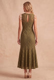 Dark Blue Mermaid Round Neck Ruffled Midi Wedding Guest Dress with Lace