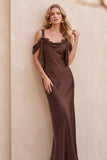 Coffee Sheath Cowl Neck Cold Shoulder Long Wedding Guest Dress
