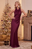 Burgundy Halter Sheath Satin Cowl Backless Long Wedding Guest Dress with Lace