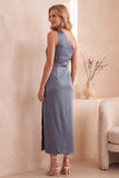 Dusty Blue Satin Asymmetrical One Shoulder Sheath Ruched Long Wedding Guest Dress with Slit